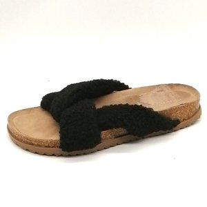 Treasure & Bond Womens Criss Cross Strap Slide‎ Slipper Black Faux Fur Flat 7M
